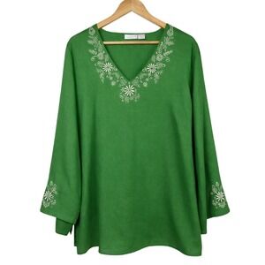 Tweeds Tunic Blouse Plus Size 1X Long Sleeve Kelly Green Embroidered V-Neck